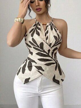 Apricot Boho Women's Leaf Print Halter Neck Tank Top Bow Tie Wood Bead Hem